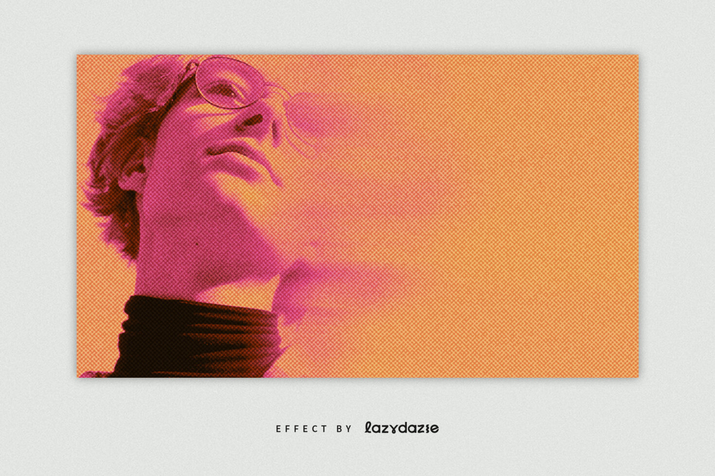 Bold magenta halftone portrait of person wearing glasses on orange backdrop