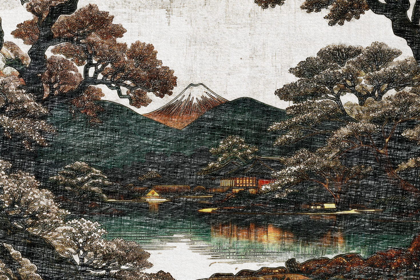 Japanese landscape woodblock style with mountain, lake, gnarled trees, structures