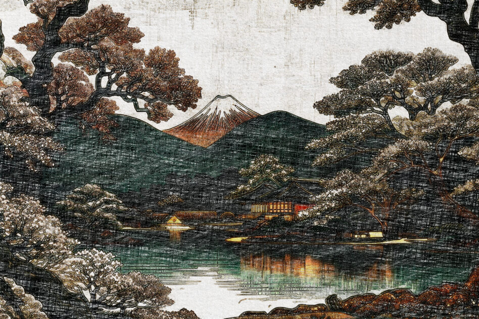 Japanese landscape woodblock style with mountain, lake, gnarled trees, structures