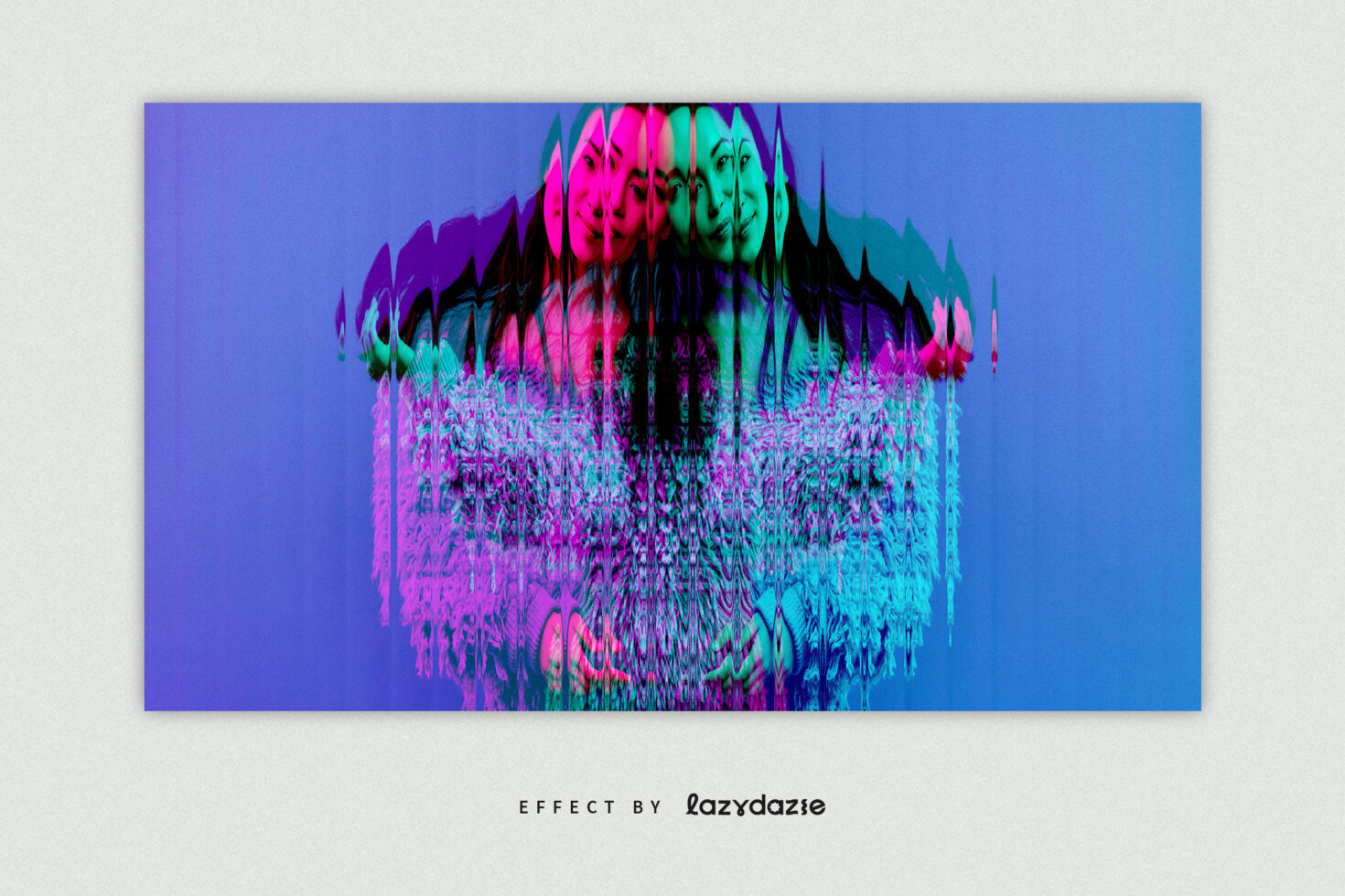 Distorted face portrait with neon pink, cyan, magenta liquid effect