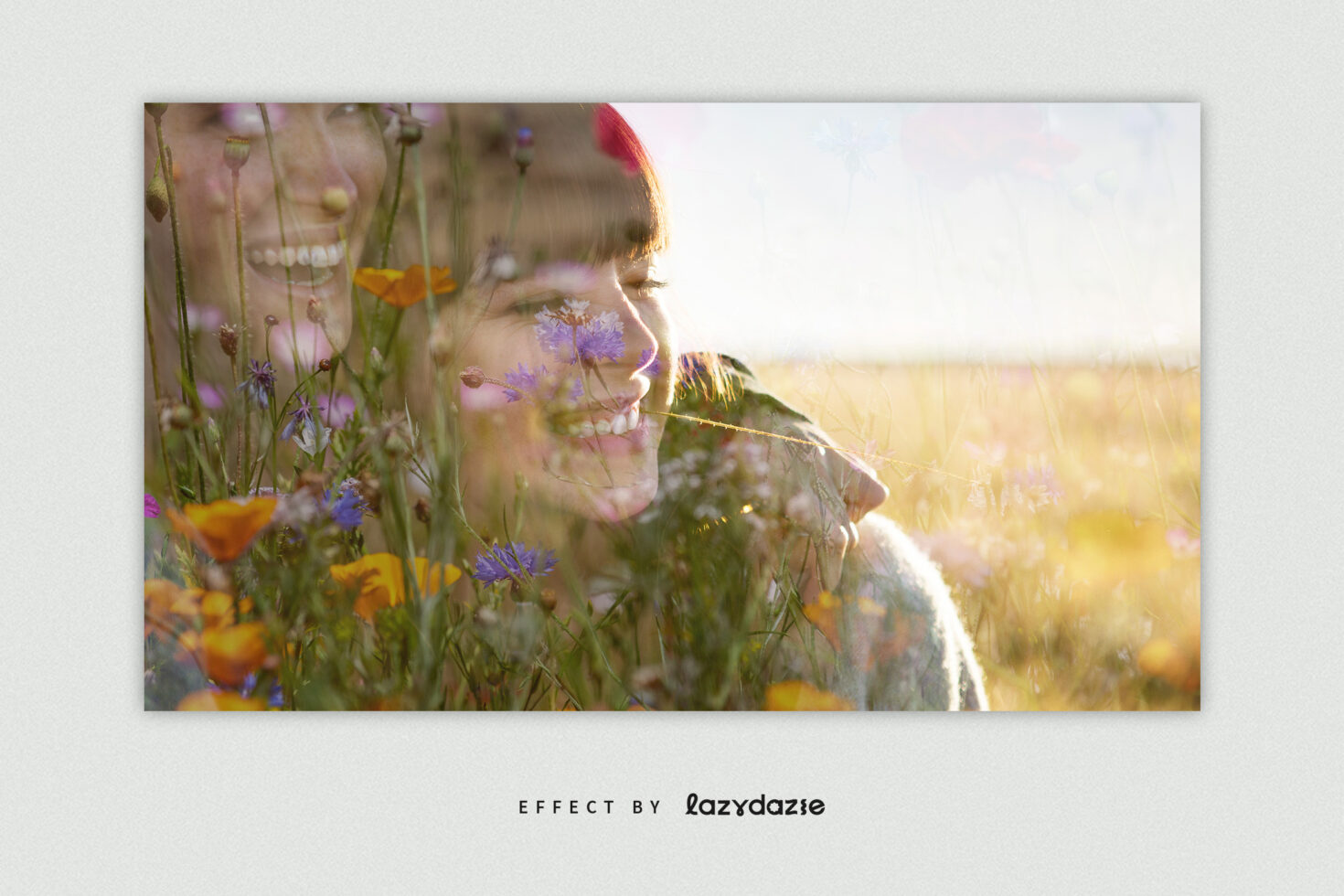 Woman with pink hair among wildflower field golden hour light overlay effect