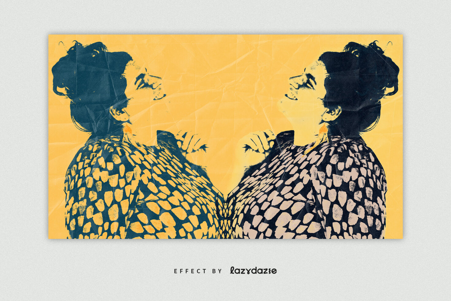 Two facing profiles with patterned shoulders on yellow background