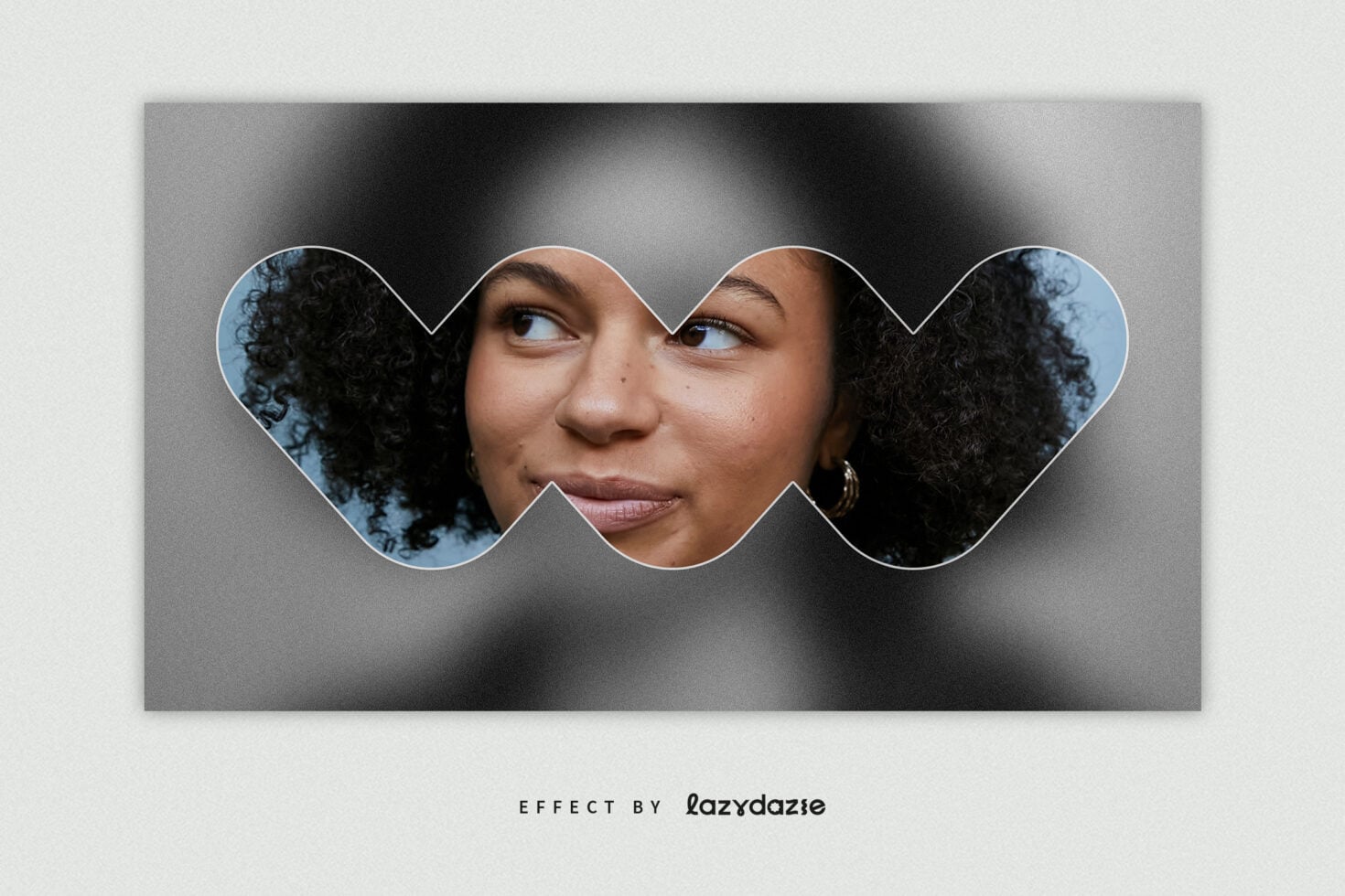 Woman's face cropped into wavy shapes with blue outline circles on gray background
