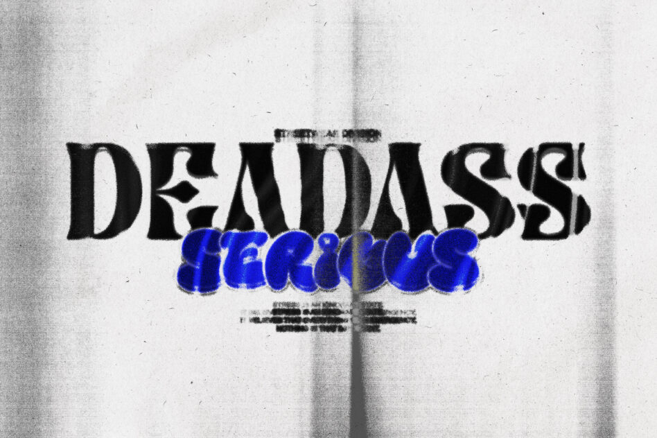 Folded poster mockup showing Deadass Heroes text with blue bubble lettering on grayscale distressed background