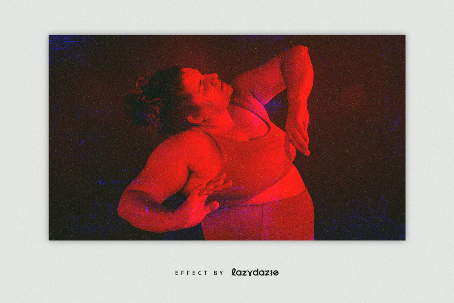 Woman in red overlaid with duotone chromatic effect against dark textured background