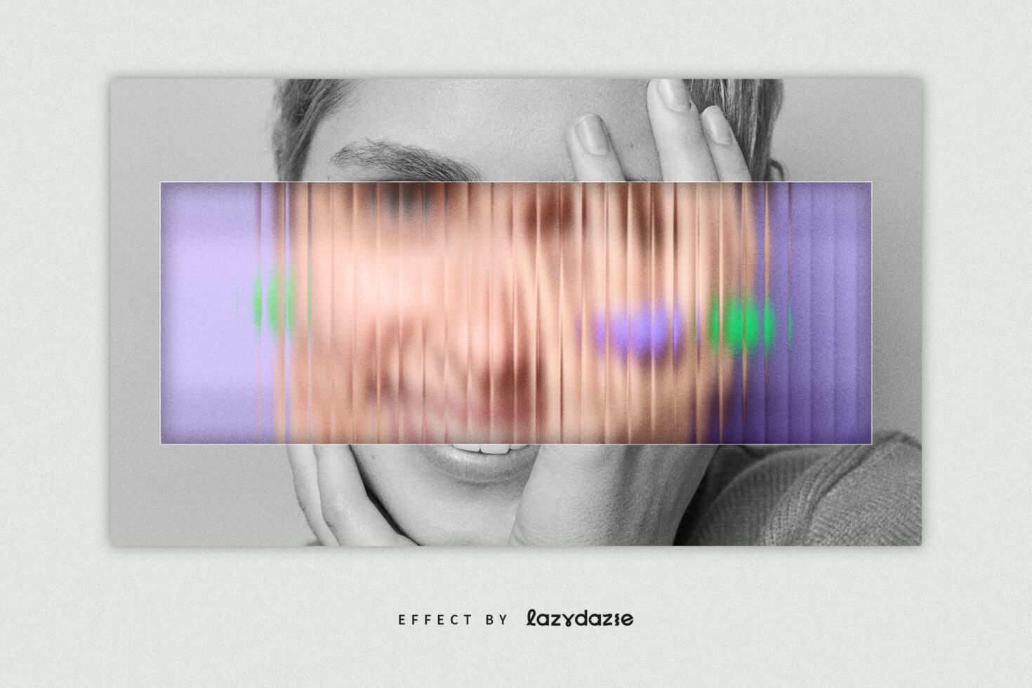 Blurred face with colorful vertical stripes, purple green orange gradient