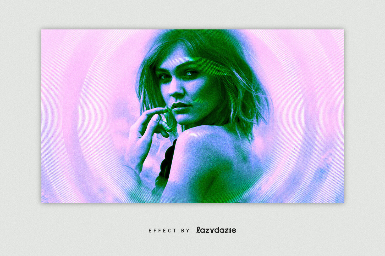 Woman with closed eyes covered in neon green pink scanlines overlay