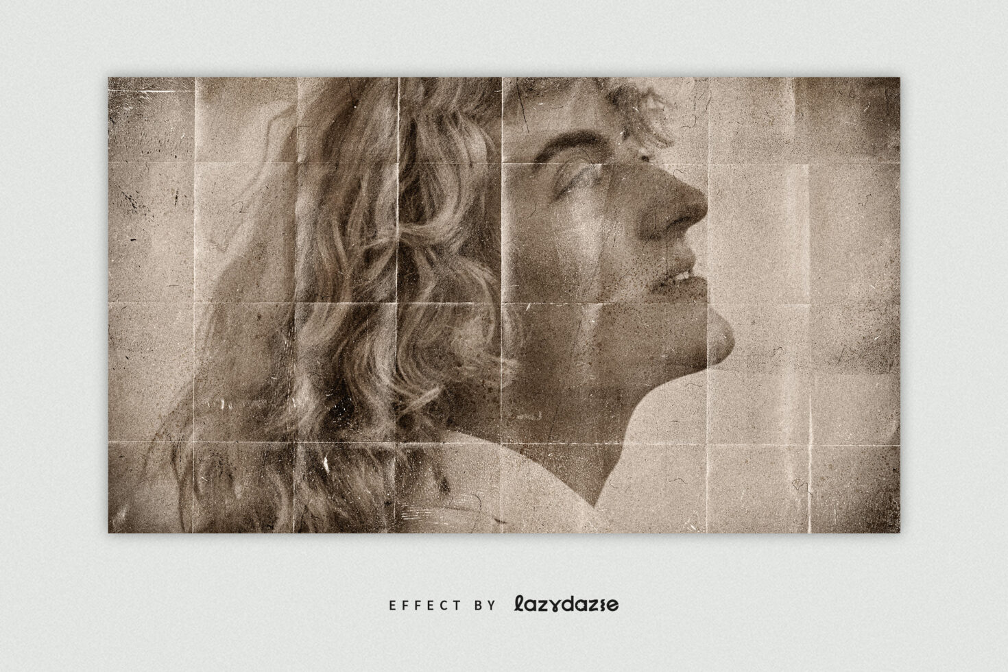 Sepia-toned portrait divided into rectangular segments with distressed edges
