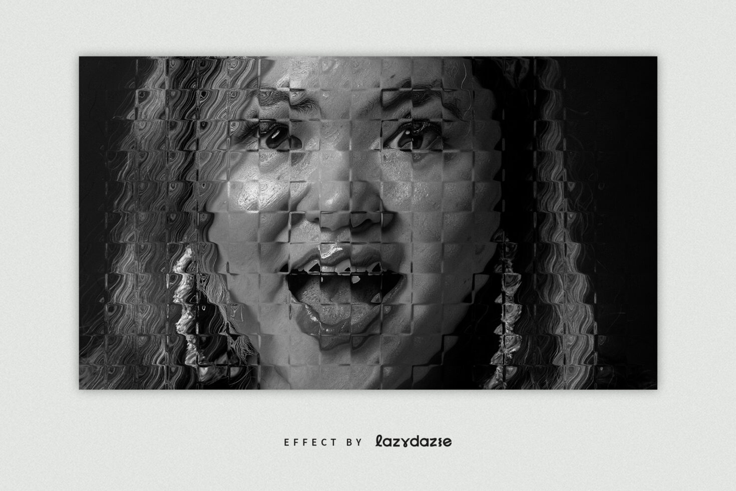 Black white portrait with wavy lines layered geometric mosaic blocks overlay
