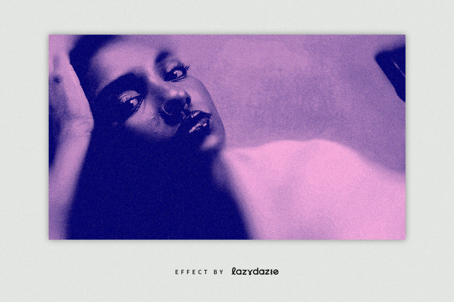 Close-up face half navy half pink, duotone halftone print with fine dot texture