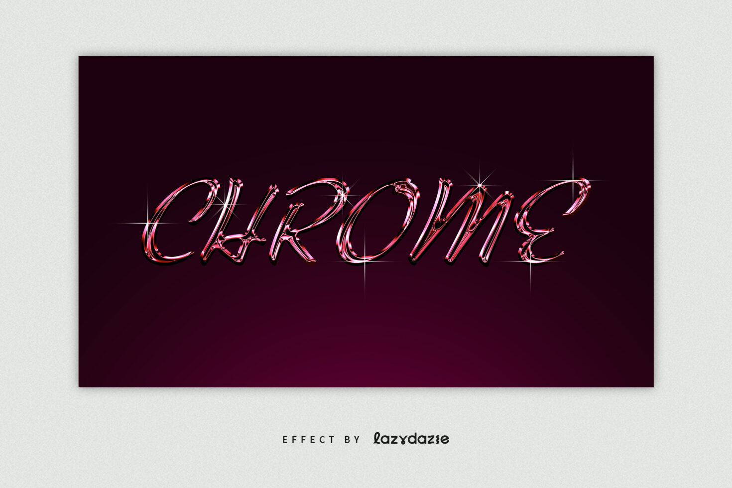 Liquid chrome script text CHROME with iridescent shimmer on maroon