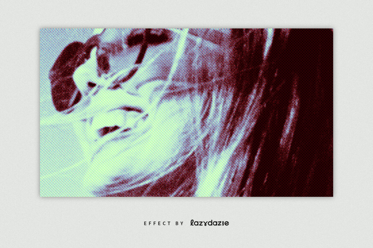 Woman's face with flowing hair, neon cyan to burgundy halftone overlay