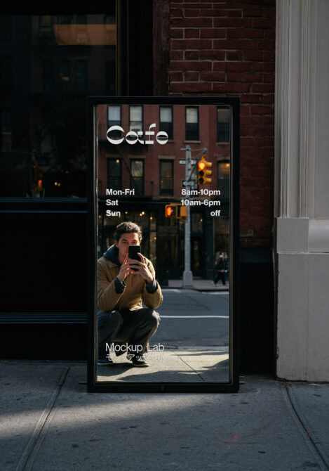 Street window display mockup showing cafe hours mon-fri 8am-10pm sat 10am-6pm