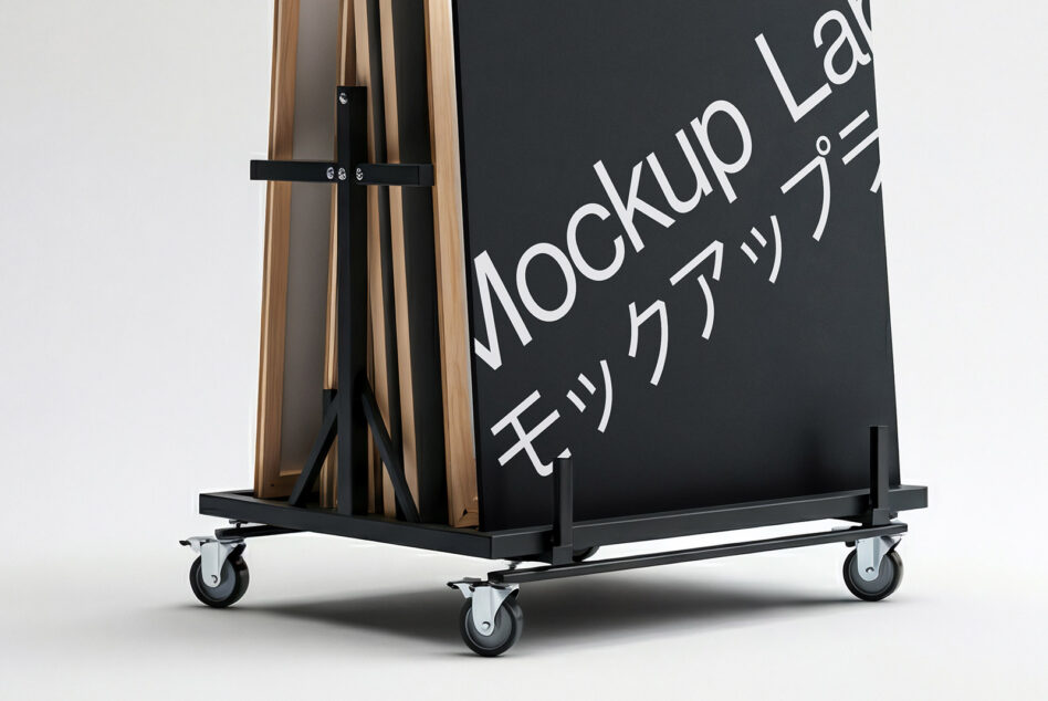 Rolling art rack holding chalkboard with white mockup lab typography text