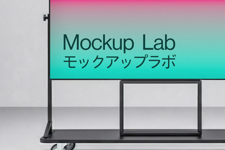 Mobile display stand mockup with gradient screen showing Mockup Lab branding in teal pink
