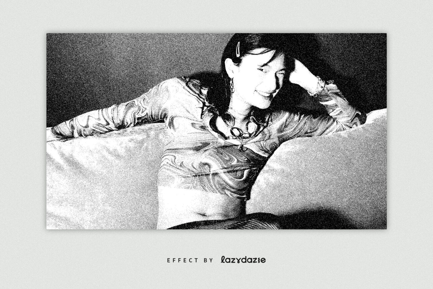 Black white halftone portrait girl wearing headphones, dotted screen print effect