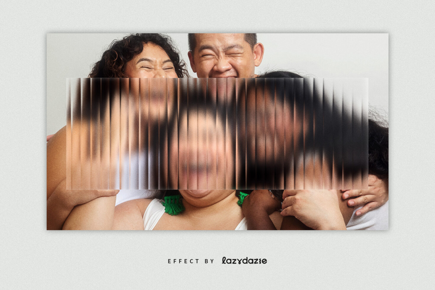 Two people smiling behind vertical scan lines blur effect in center