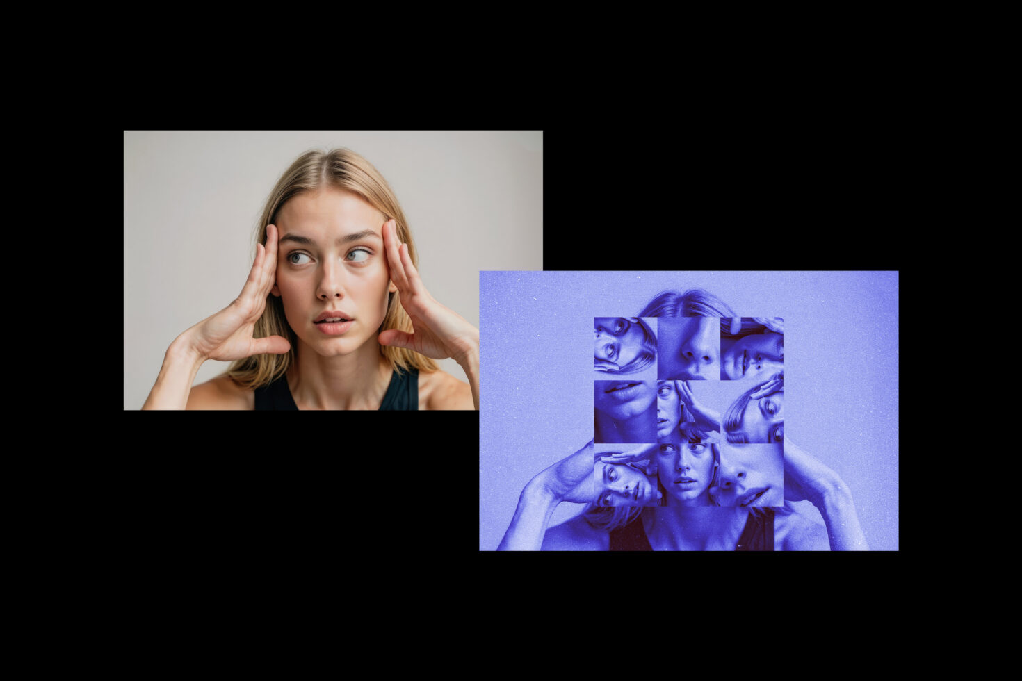 Split screen mockup with portrait on left, pixelated grid effect on right in blue