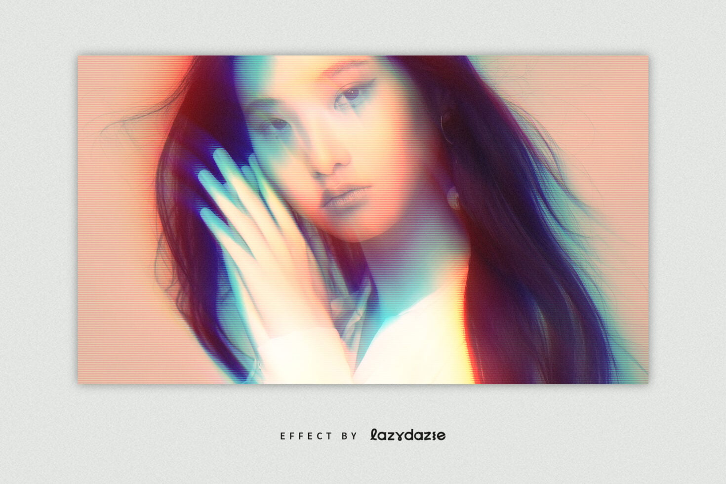 Horizontal scan line effect on portrait, neon color shift, soft glow