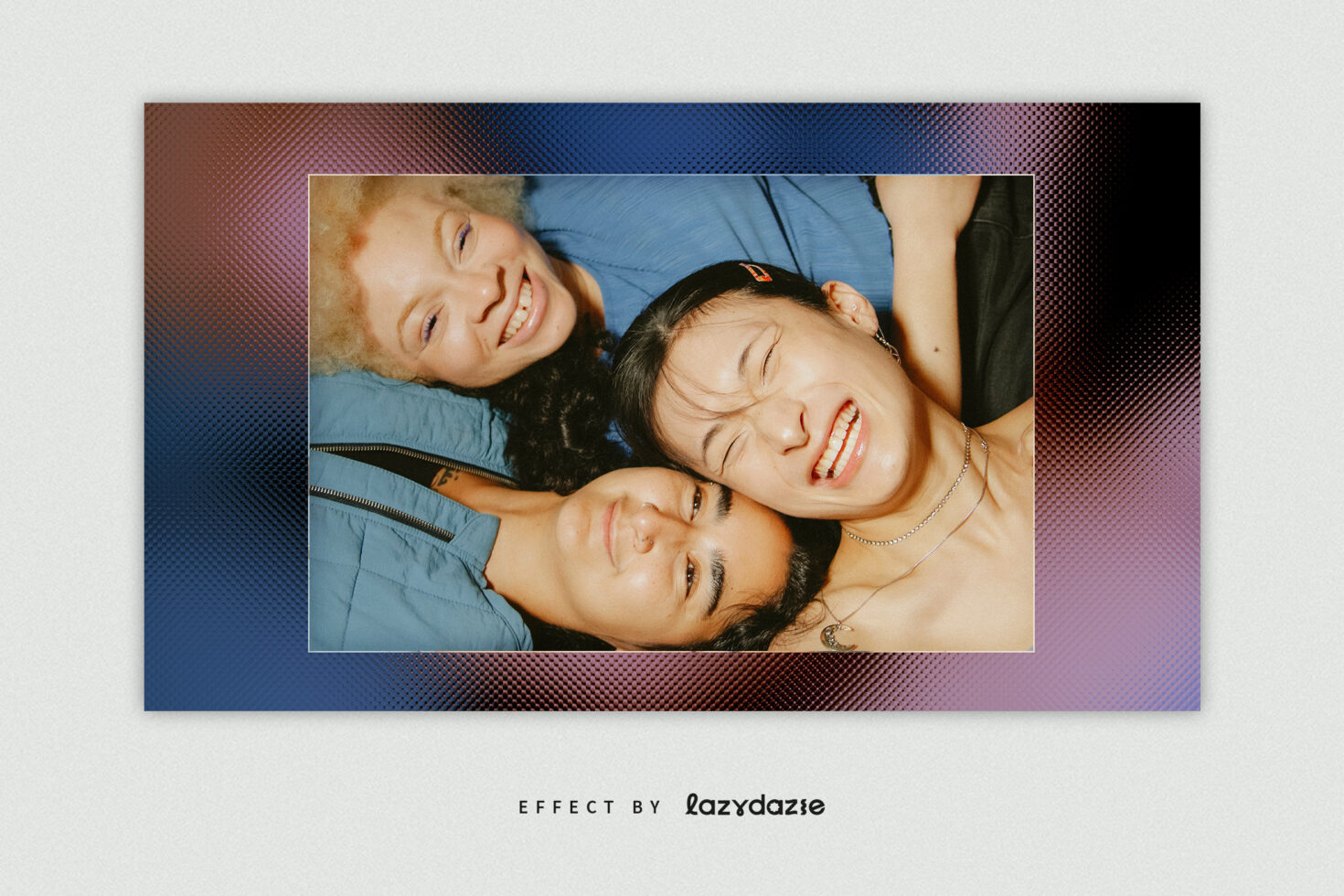Wide horizontal frame containing group photo, gradient border with brown to purple shift