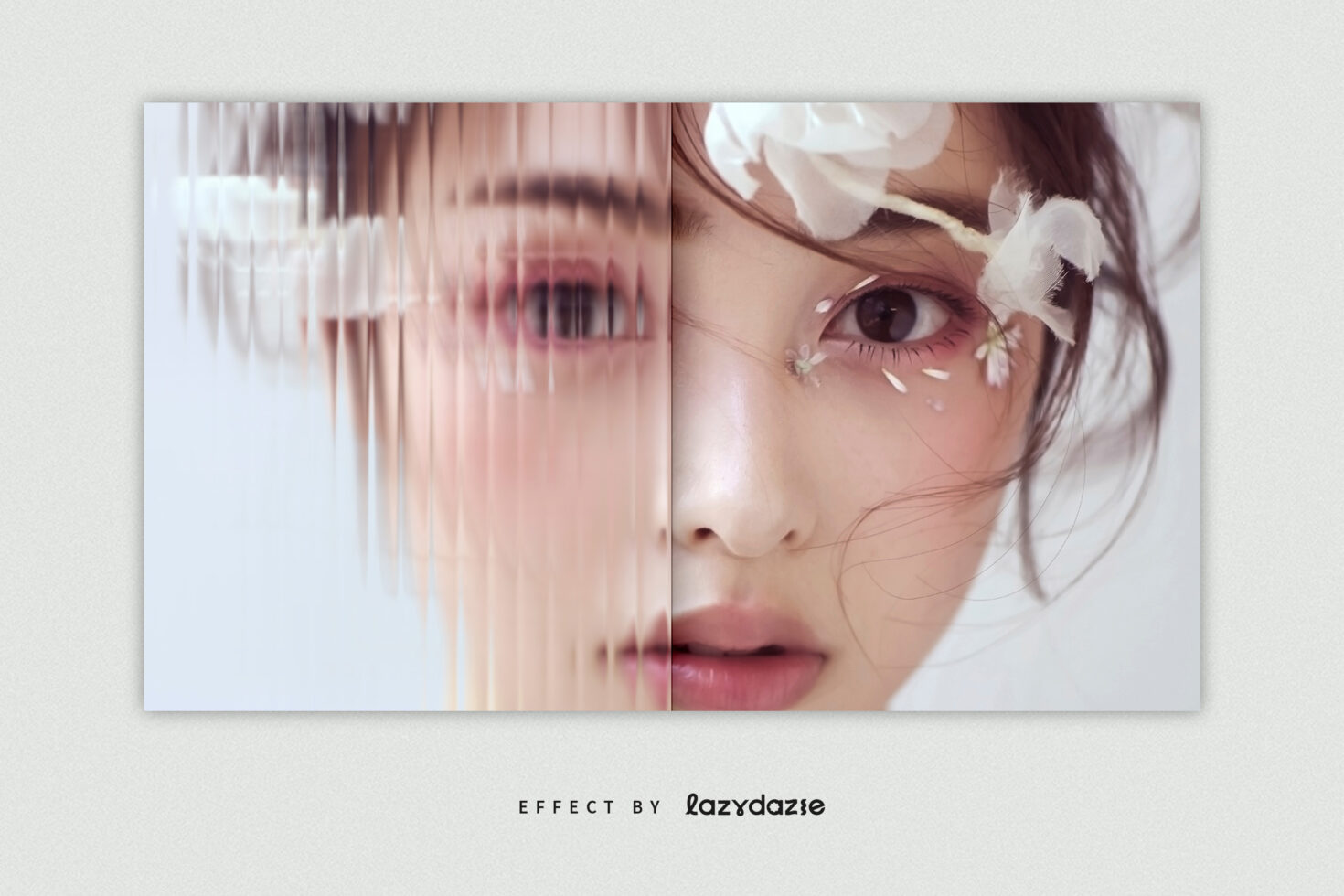 Female face with white flower petals, vertical scan line overlay effect
