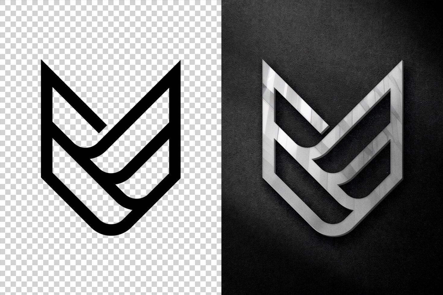 Double chevron symbol in black flat style next to 3D metallic version