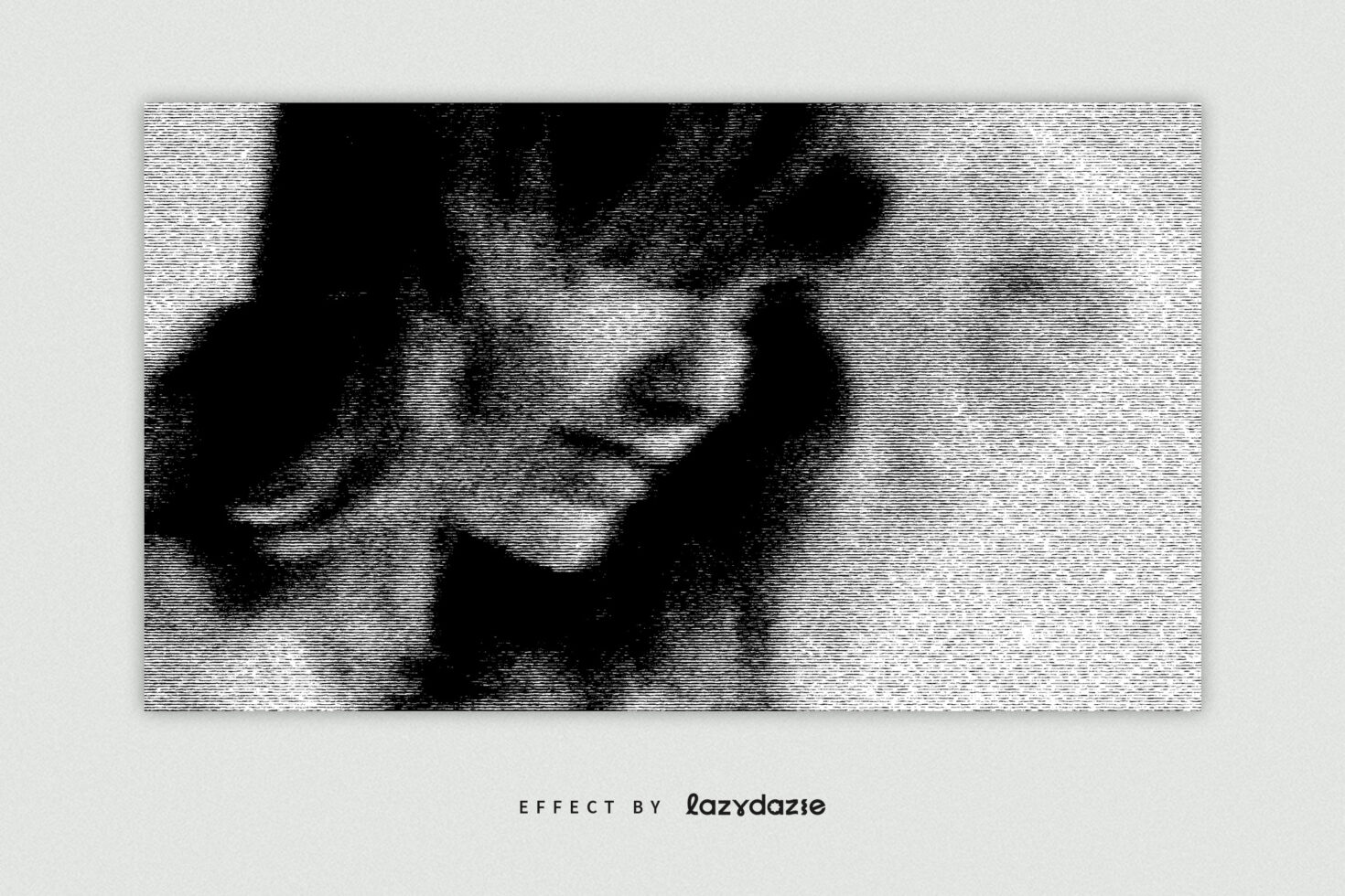 Black white portrait split by horizontal scanlines creating halftone texture