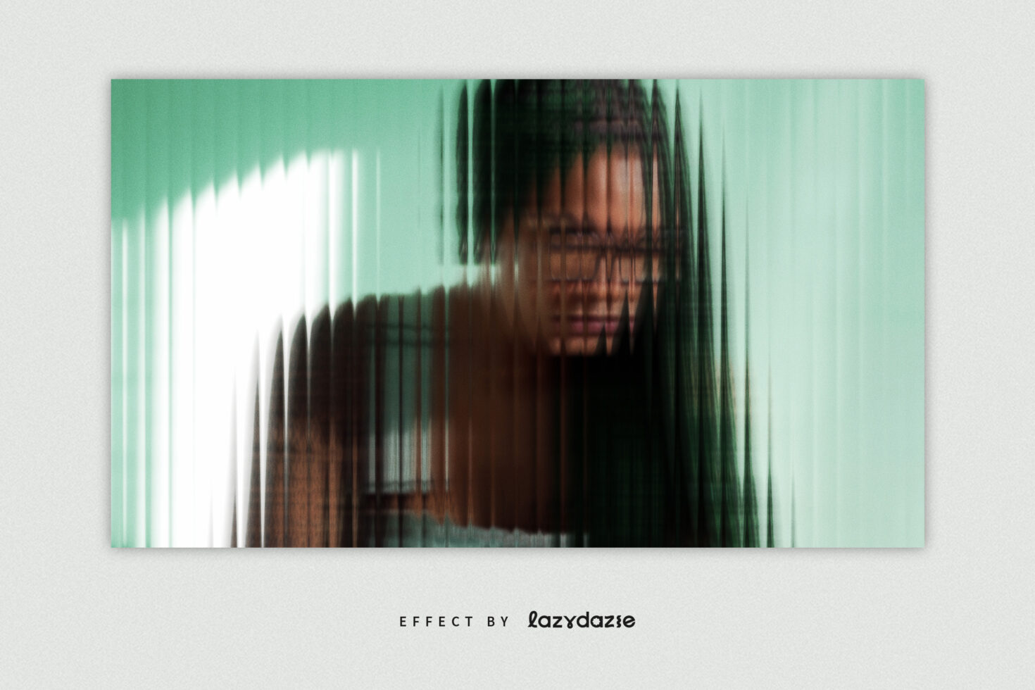 Wide horizontal portrait with vertical scan lines glitch over mint backdrop