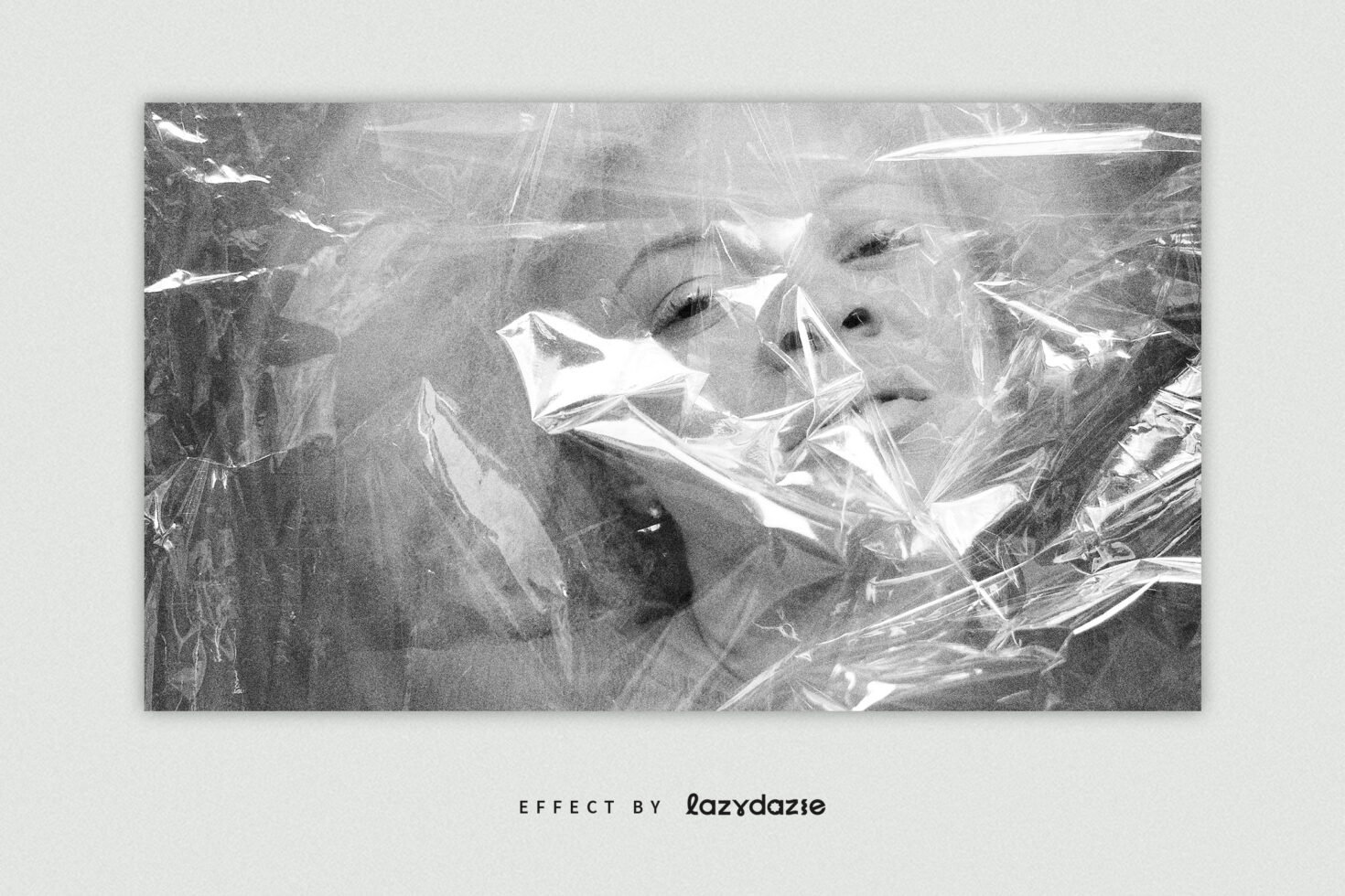 Black-and-white portrait layered with translucent plastic wrap visual effect