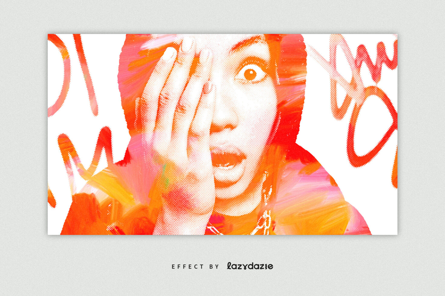 Halftone pop art portrait with bright orange, red, yellow paint strokes over face