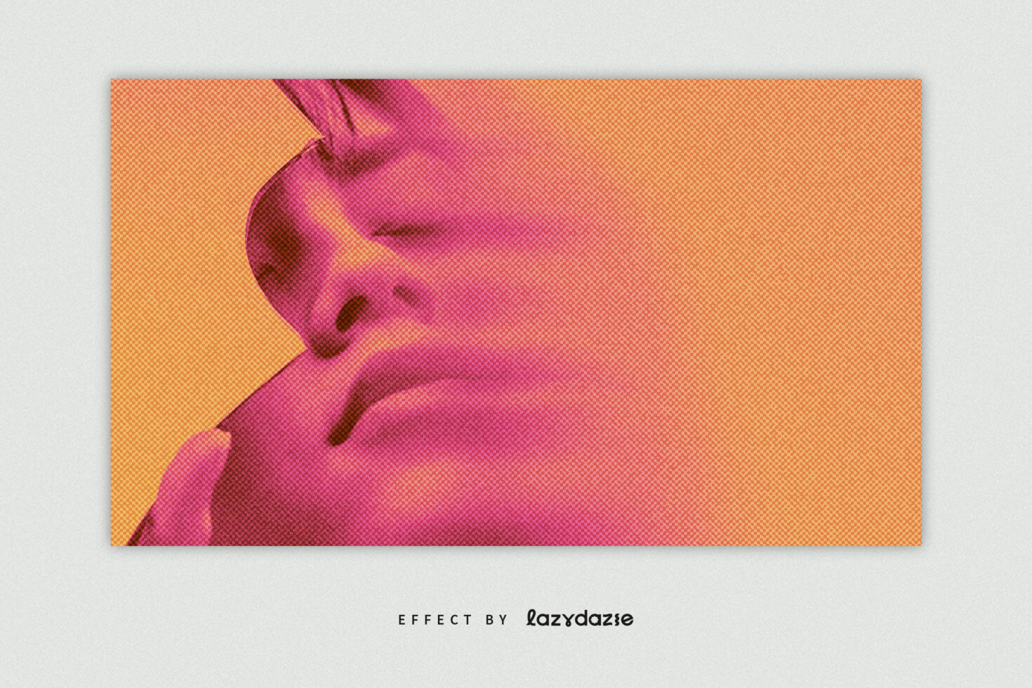 Vibrant pink halftone portrait of woman against warm orange background