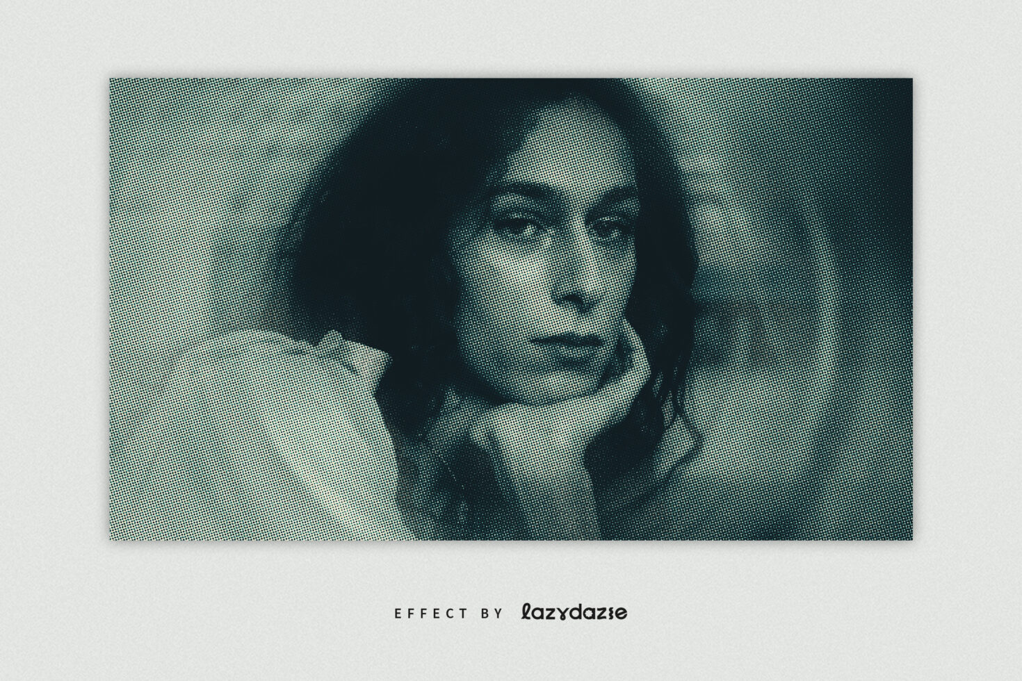 Woman's calm face in teal halftone pattern split across wide frame