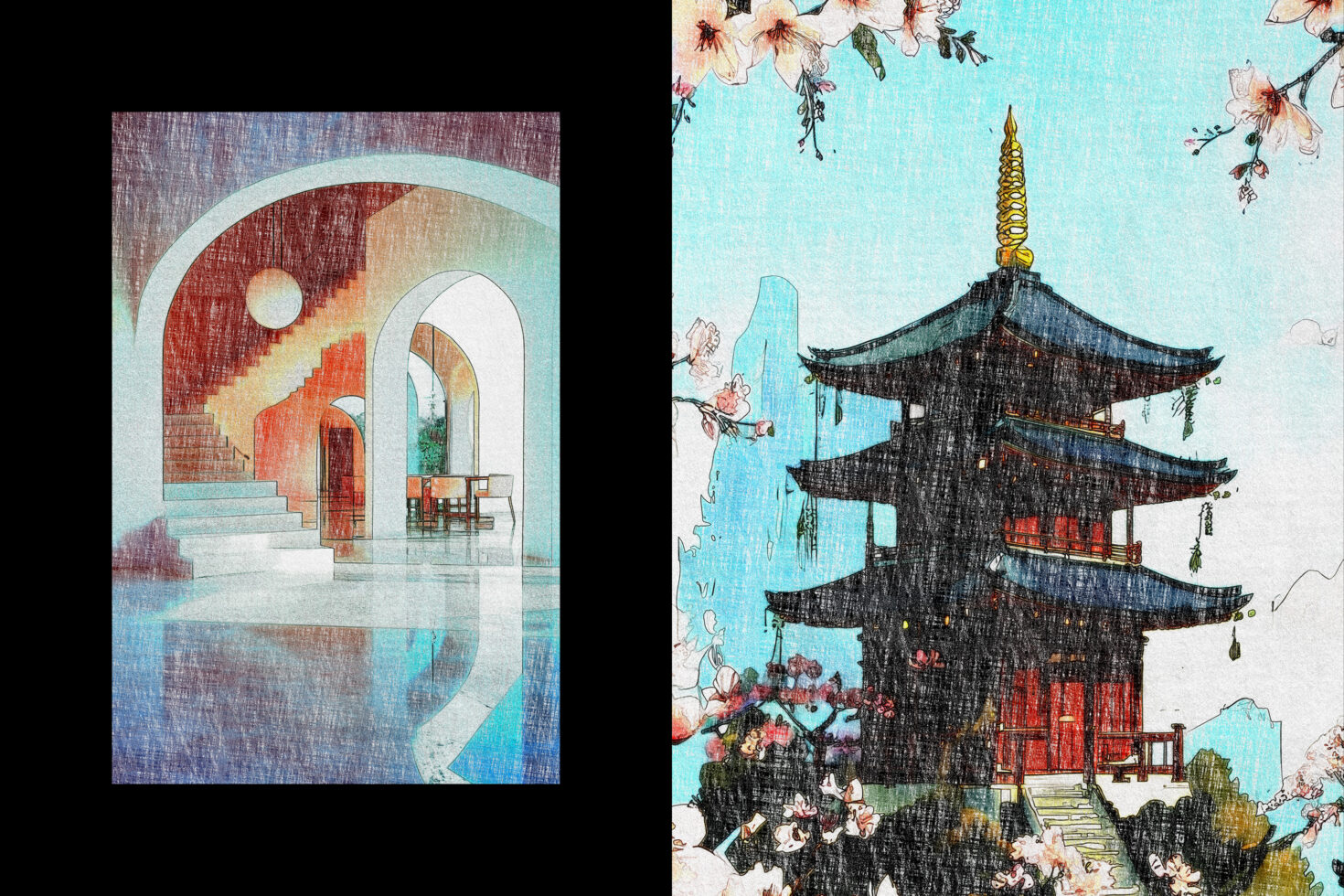 Split layout of turquoise archway interior plus Asian pagoda with hanging flowers