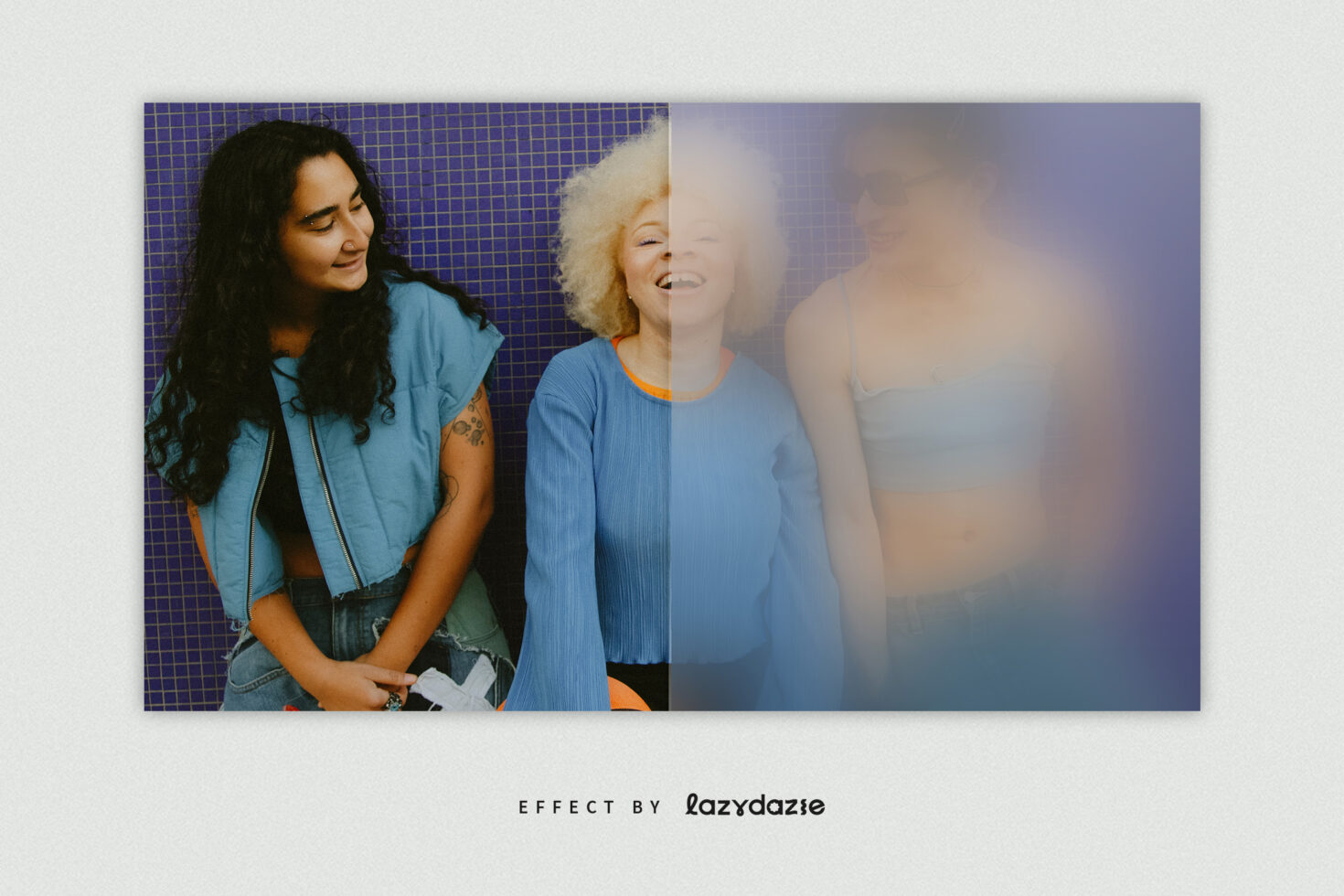 Three women laughing full shot with gradient fade from sharp to hazy