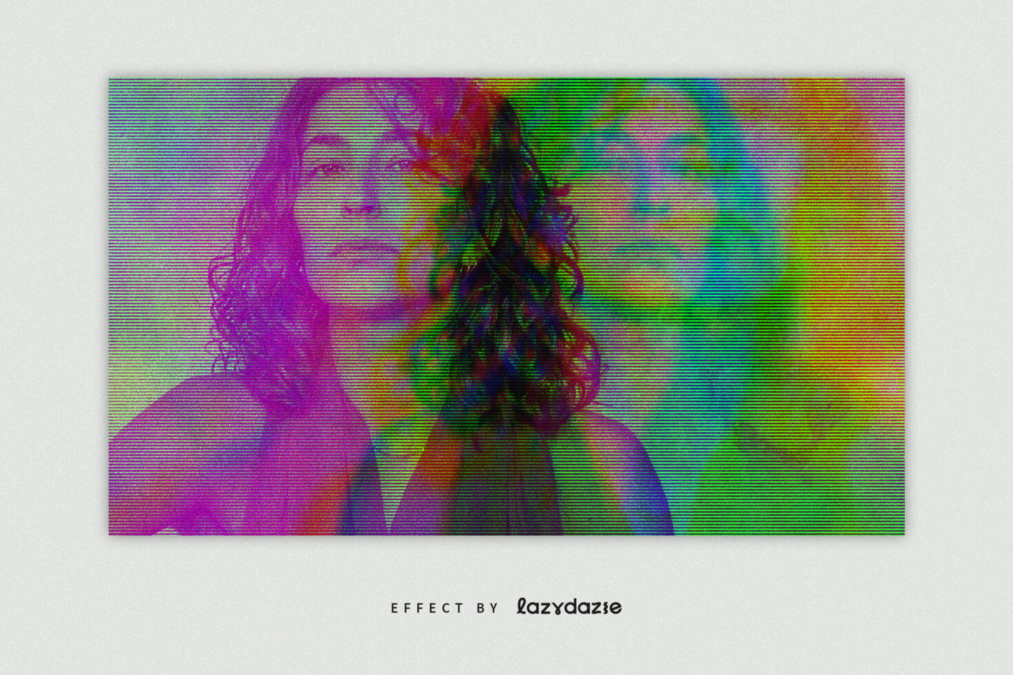 Person with scanlines glitch effect in rainbow colors shifting across face
