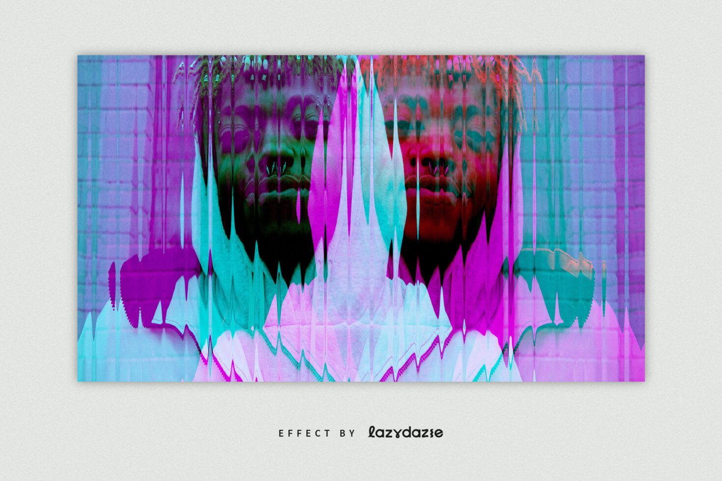 Psychedelic digital artwork with magenta cyan neon scanlines wavy distortion full width