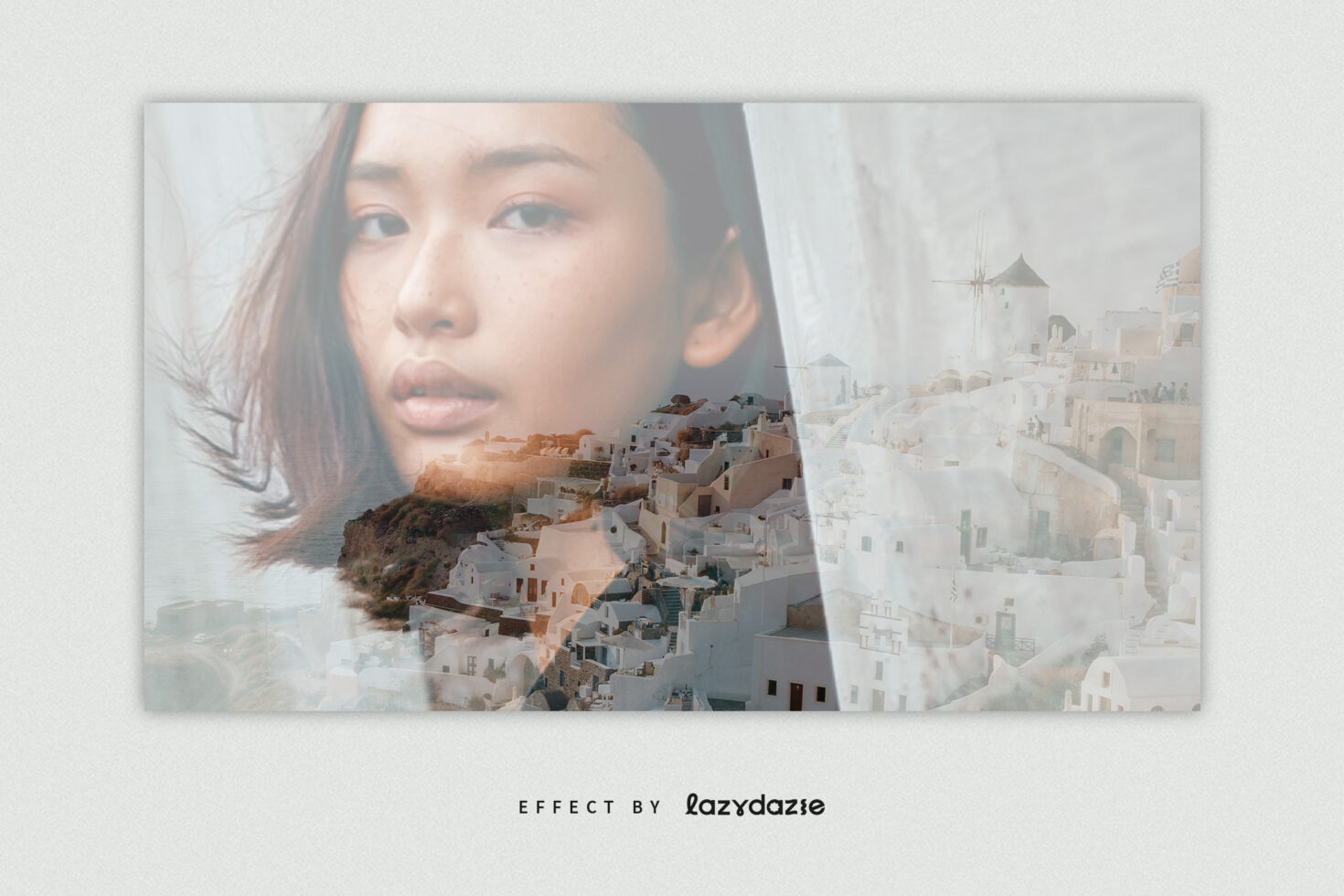Woman's portrait merged with Santorini buildings overlay effect mockup