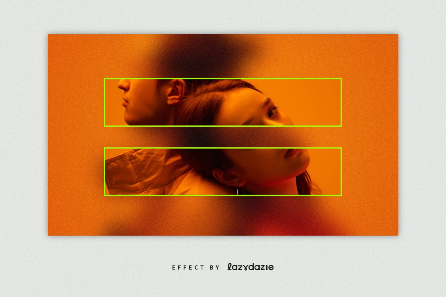 Two faces in neon bordered rectangles on warm orange backdrop