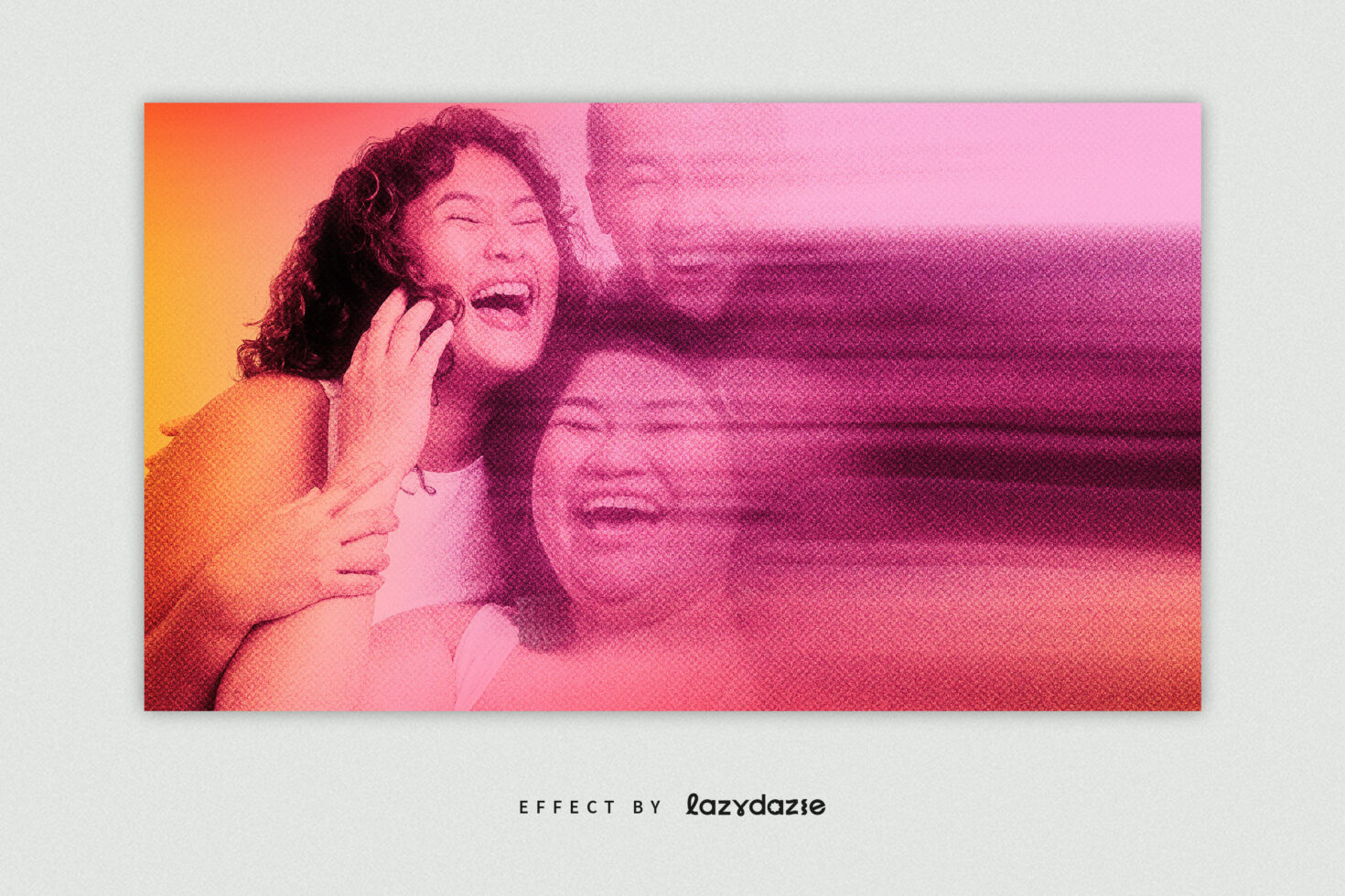 Group photo with warm gradient orange to pink halftone pixelated effect applied