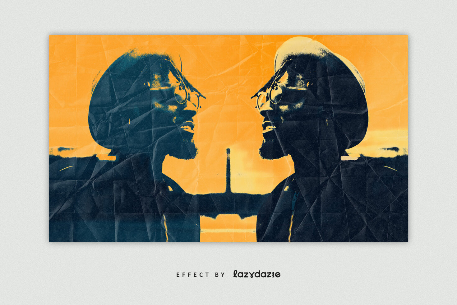 Two mirrored silhouettes in orange yellow with dark distressed texture