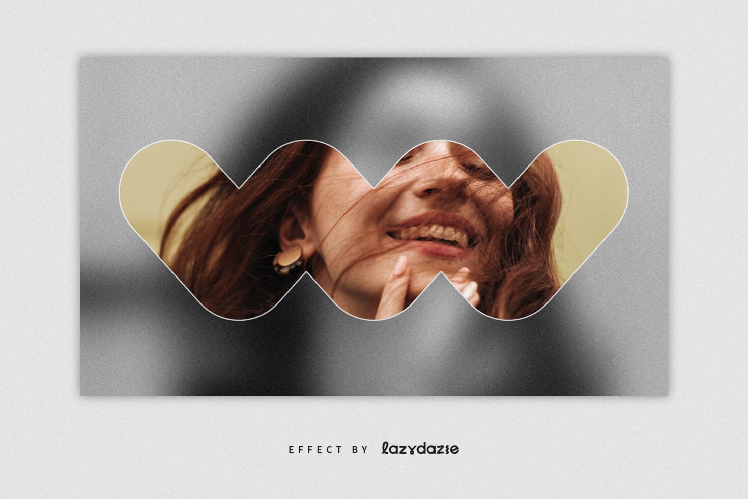 Woman's joyful face segmented through wavy ripple effect on blurred gray backdrop