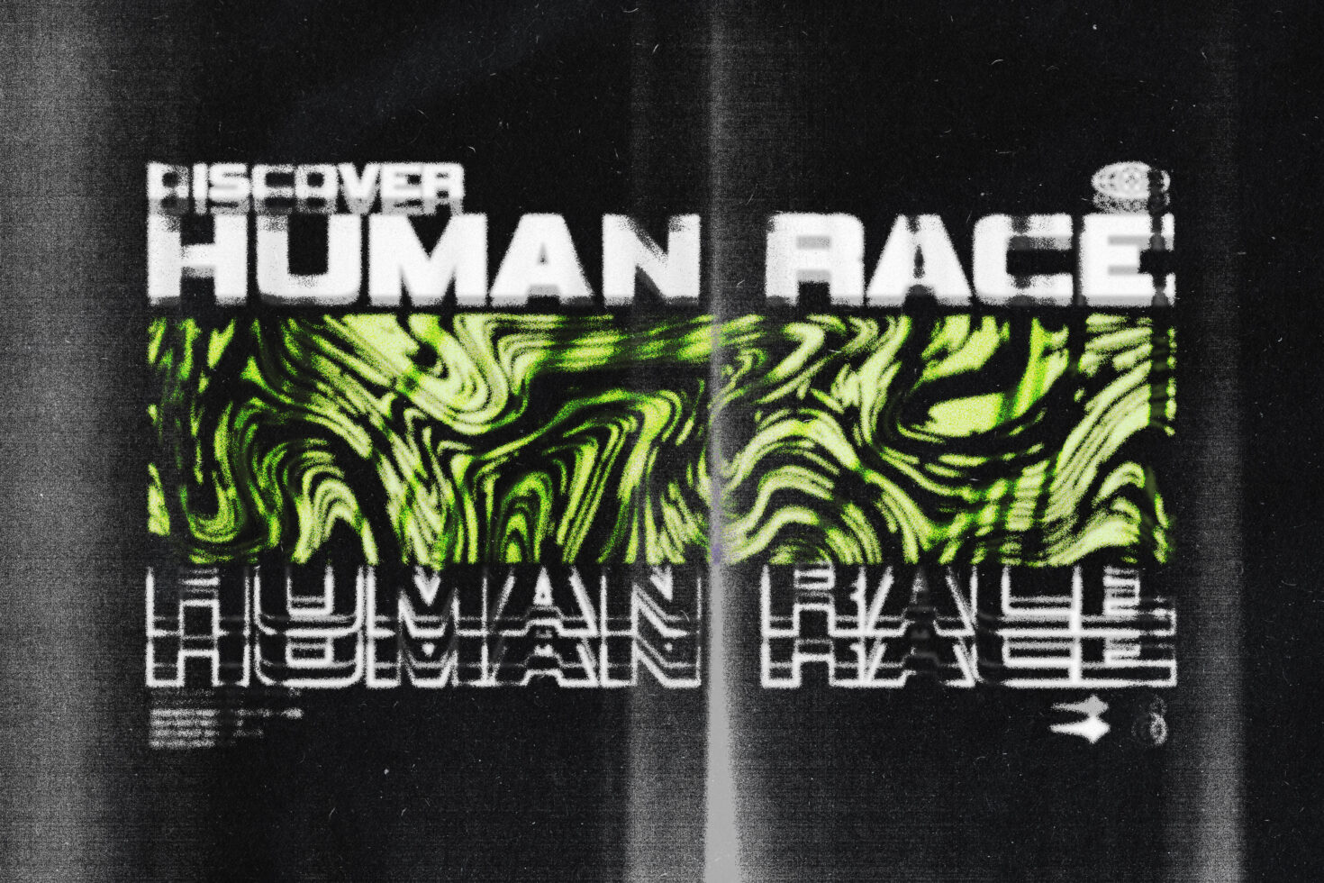 Folded paper design with Discover Human Race text, lime green geometric wave pattern, white sans serif typography