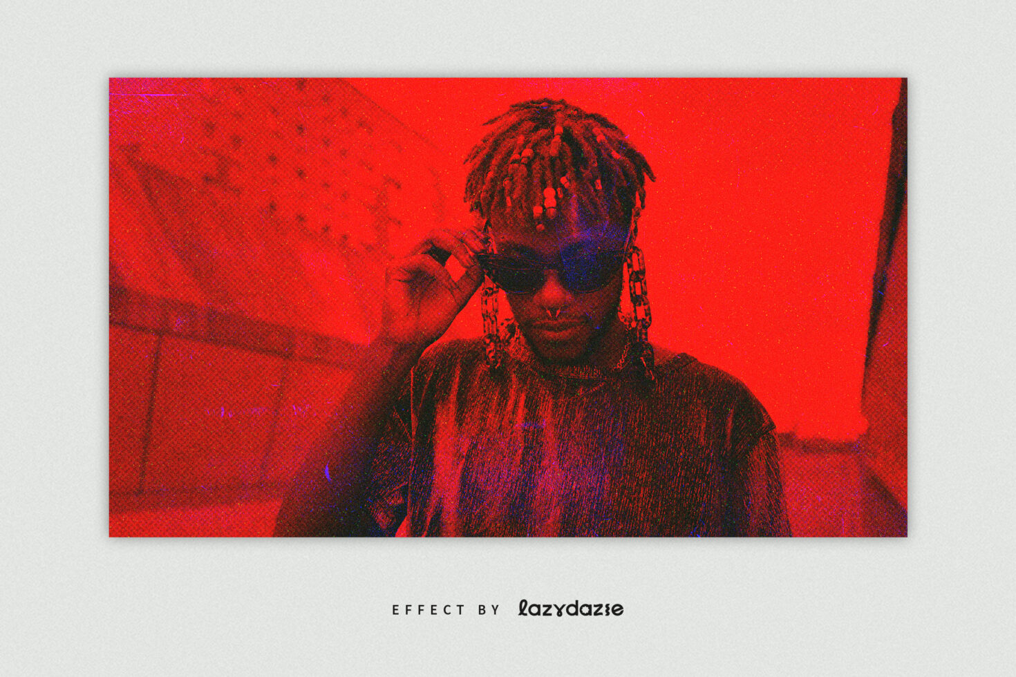 Person wearing sunglasses with dreadlocks against vibrant red duotone pixelated effect