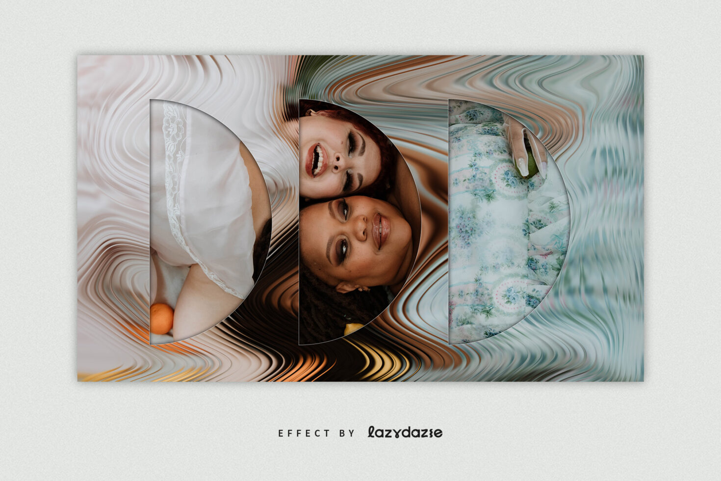 Three circular photo frames with liquid ripple effect showing people in bed