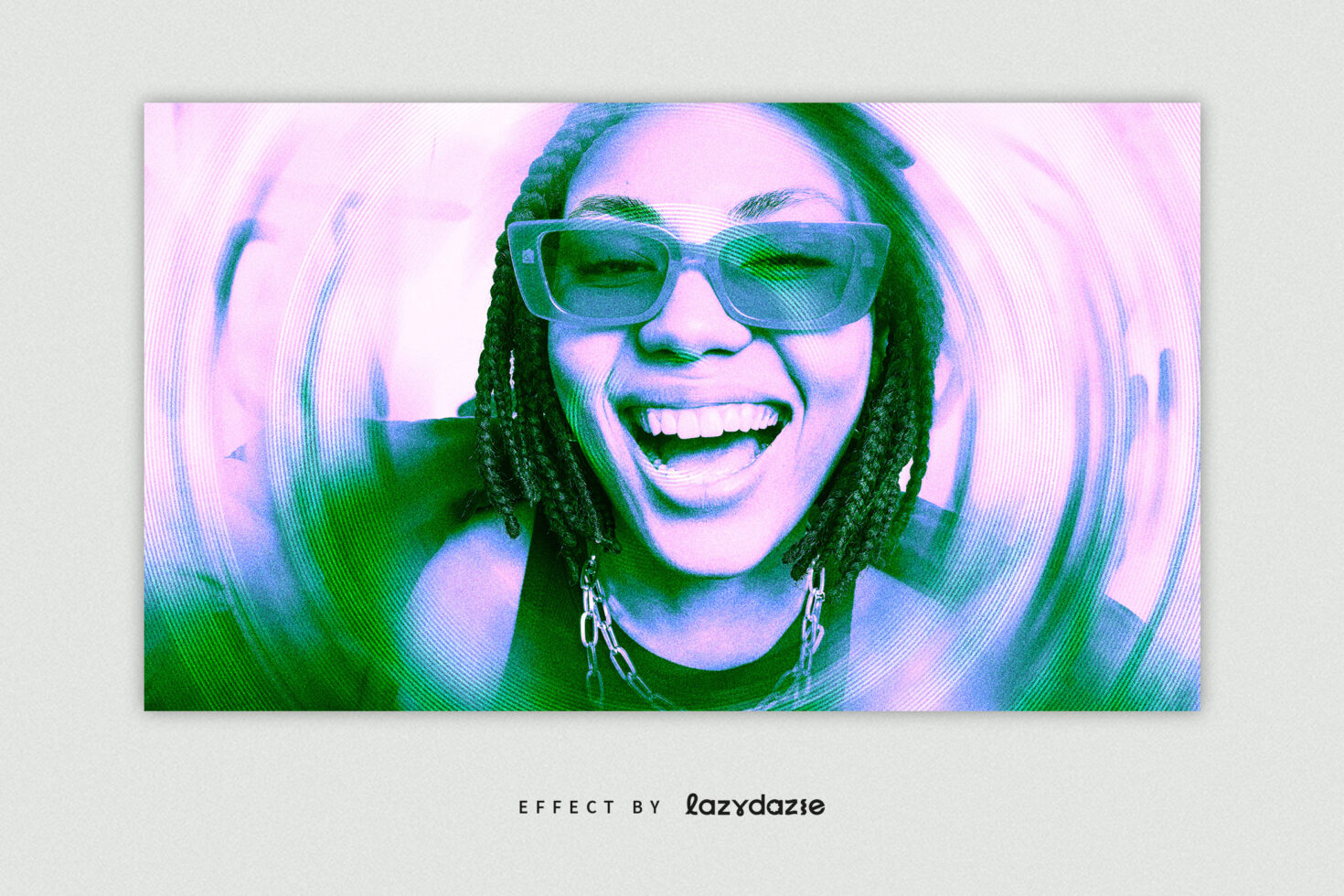 Smiling person wearing sunglasses with vibrant neon glitch lines effect overlay