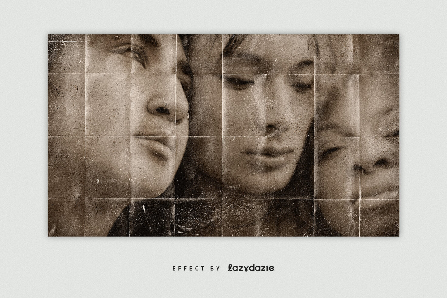 Wide grid composition breaking up multiple face portraits into weathered tiles