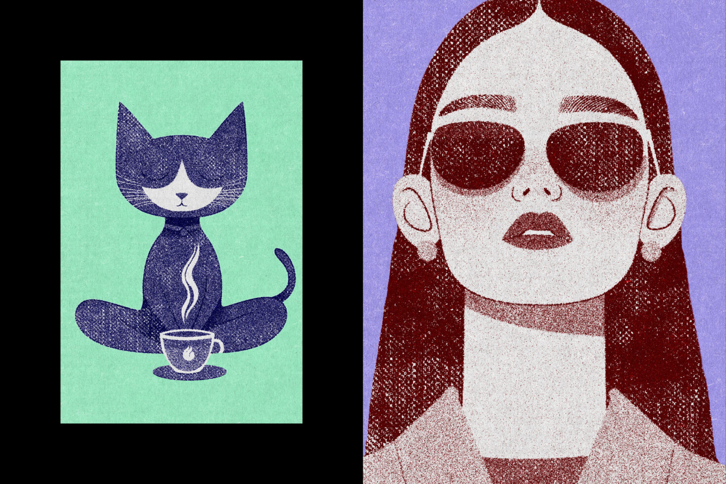 Left meditating cat holding coffee cup on mint, right person in shades on purple