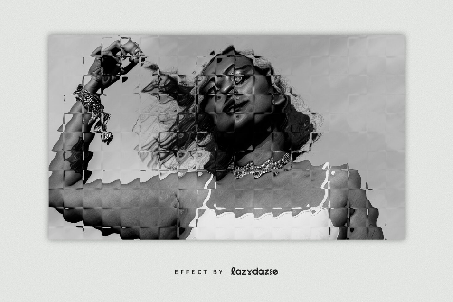 Two portraits with chunky glitch distortion effect creating 3D displacement