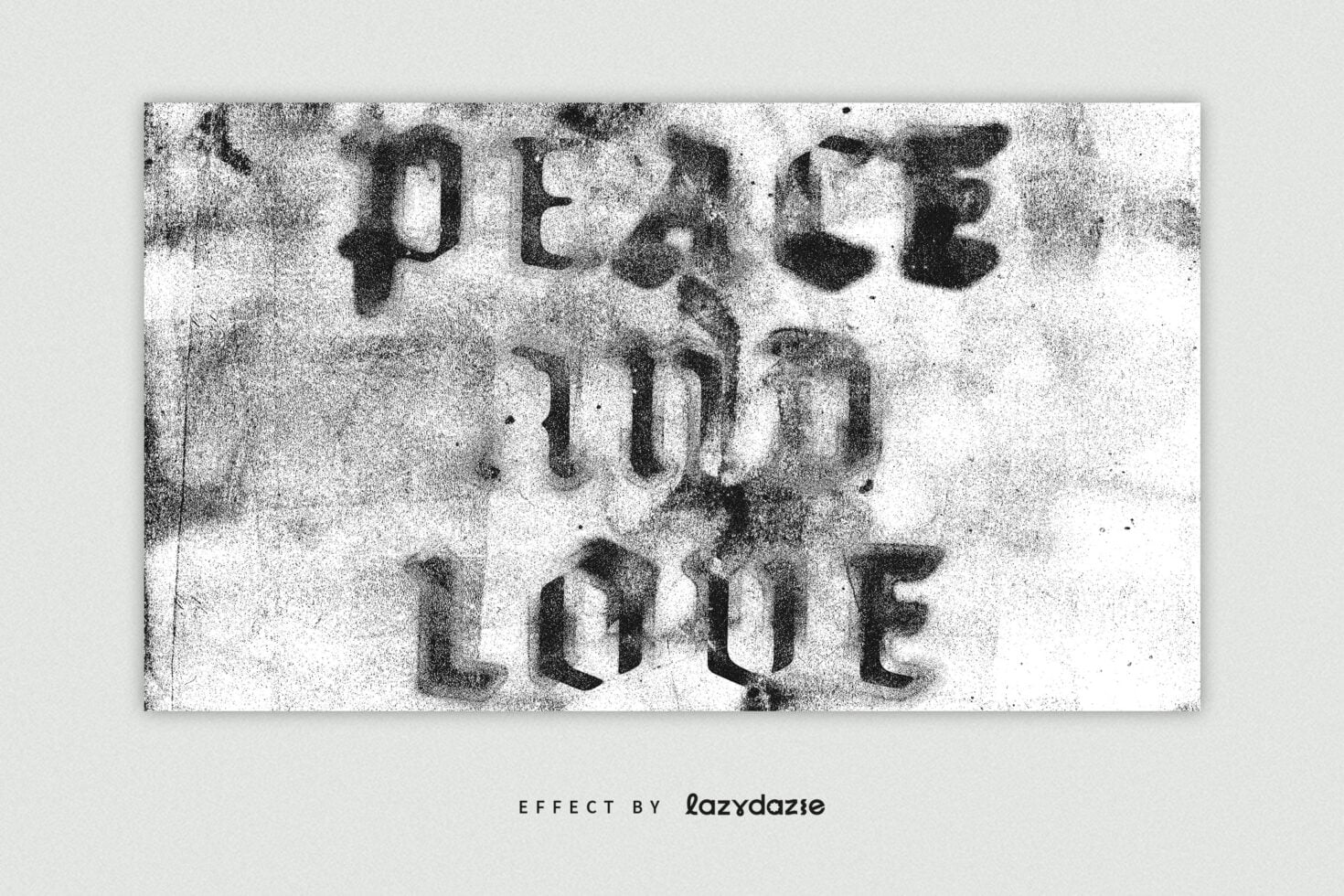 Wide horizontal banner with rough grainy letters reading PEACE FIND LOVE against worn texture