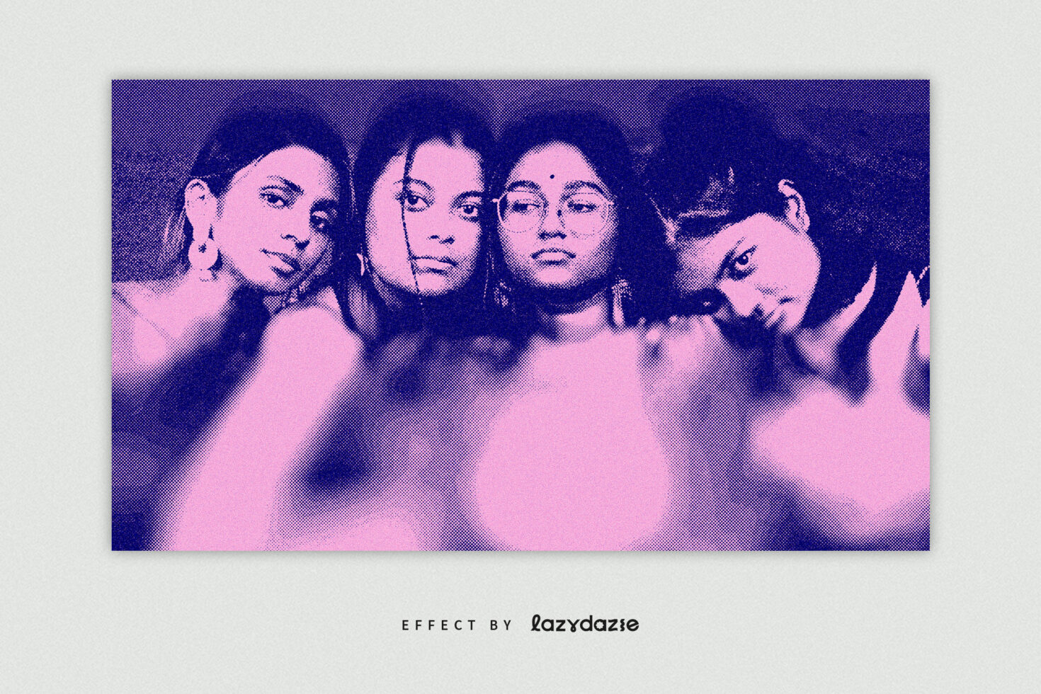 Four faces in row, pink navy halftone effect with dotted pixel pattern overlay